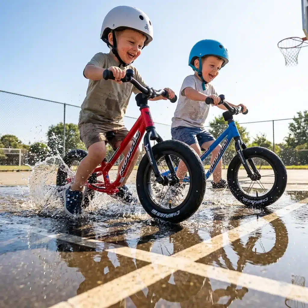 Young Child Learning To Ride A Kidvelo Rookie 12 Balance Bike