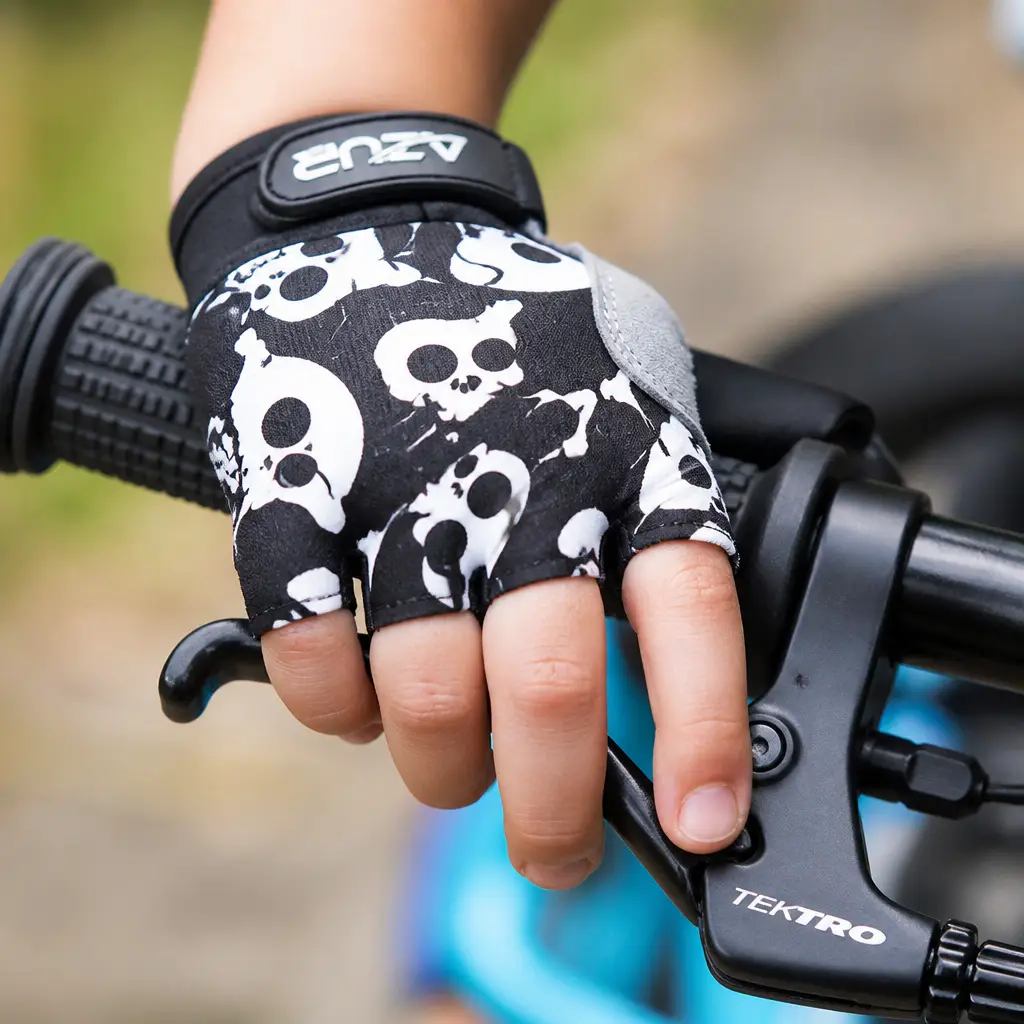 Azur Kids Bike Gloves - Skulls - Short Finger Kids Cycling Gloves Lifestyle