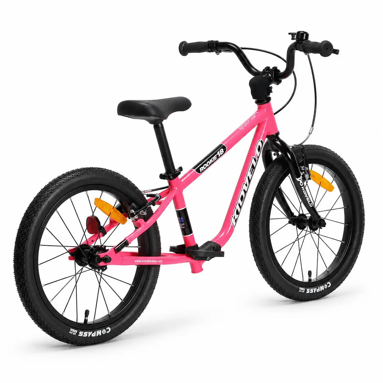 Pink Kidvelo Rookie 18 kids balance bike in a rear-angle studio view, highlighting its footrest, dual hand brakes and 18-inch air tyres.