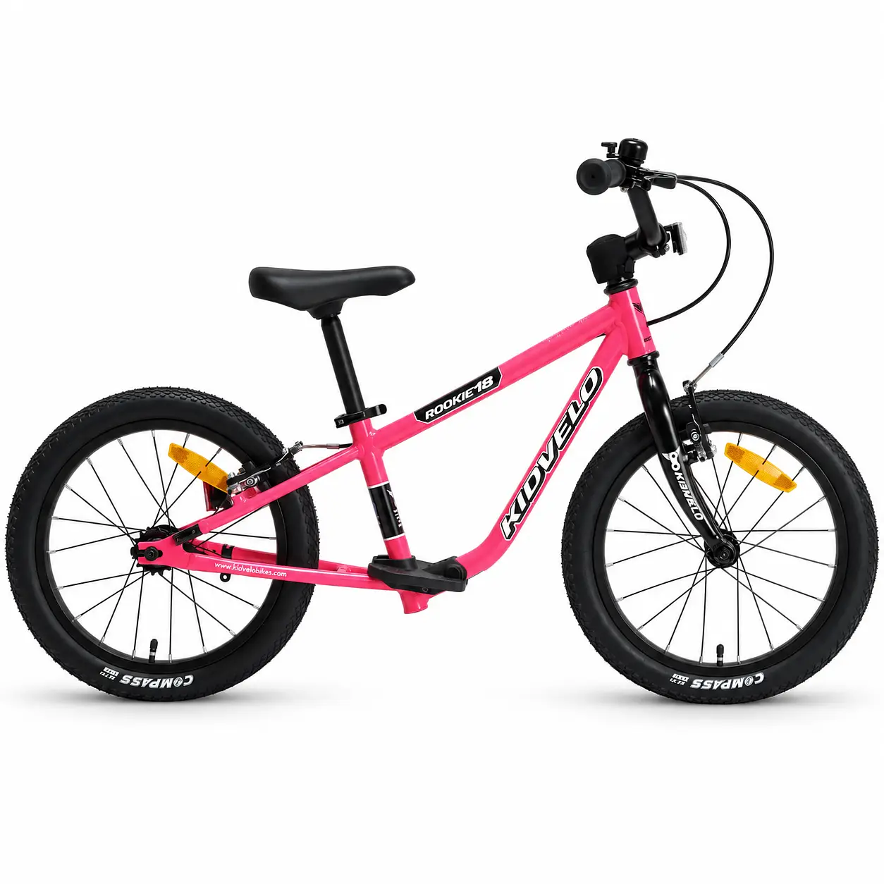 Pink Kidvelo Rookie 18 kids balance bike in a right-side studio view, showing its adjustable saddle, integrated footrest and lightweight frame.