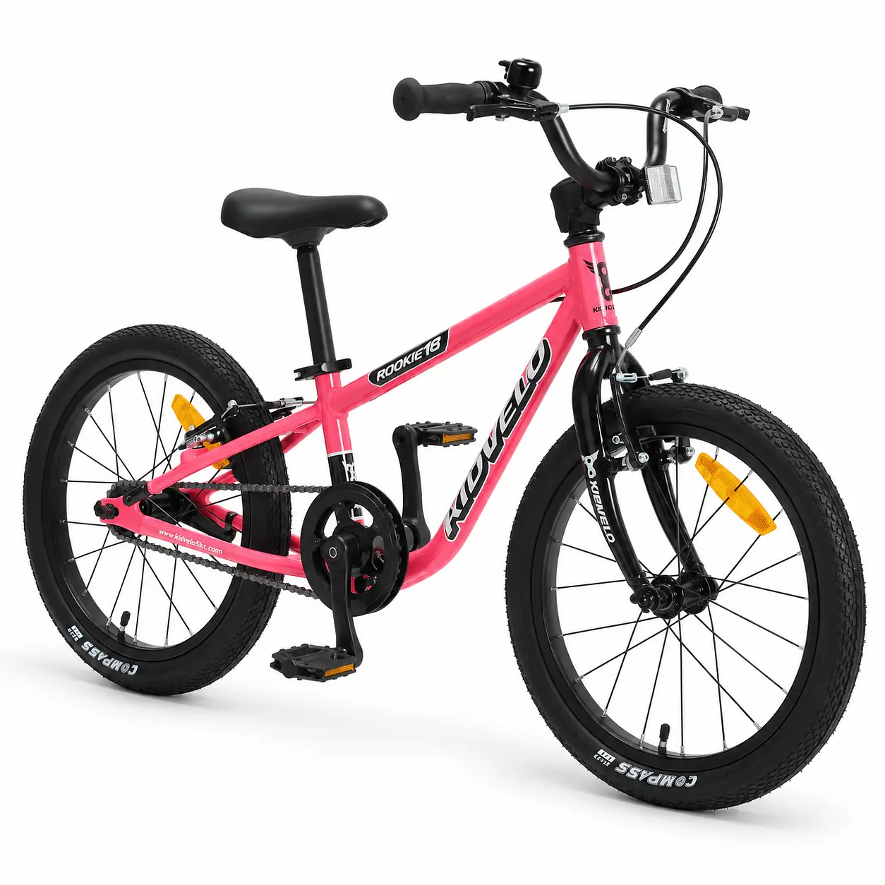 Pink Kidvelo Rookie 18 kids pedal bike in an angled front studio view, featuring the Easy-Ride pedal kit, hand brakes and 18-inch air tyres.