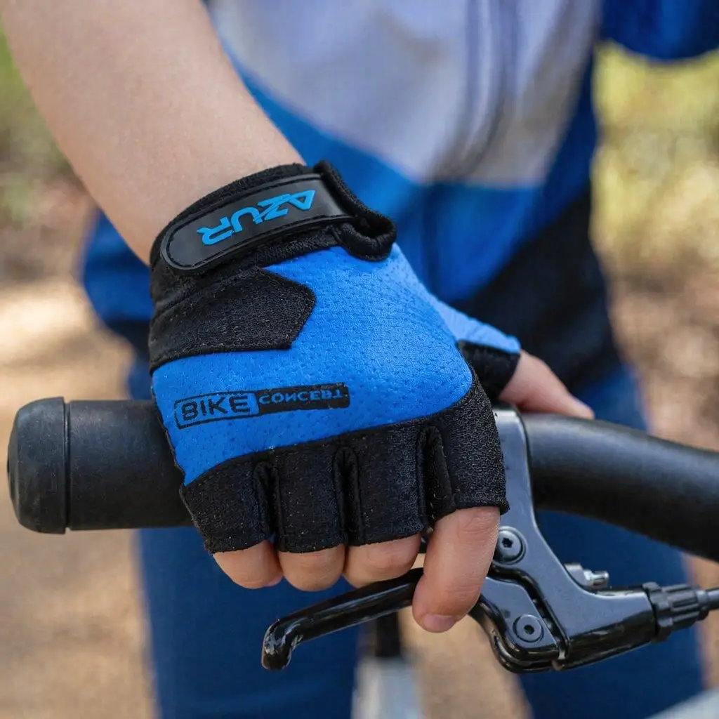 Azur Kids Bike Gloves - Blue - Fingerless Kids Cycling Gloves Lifestyle