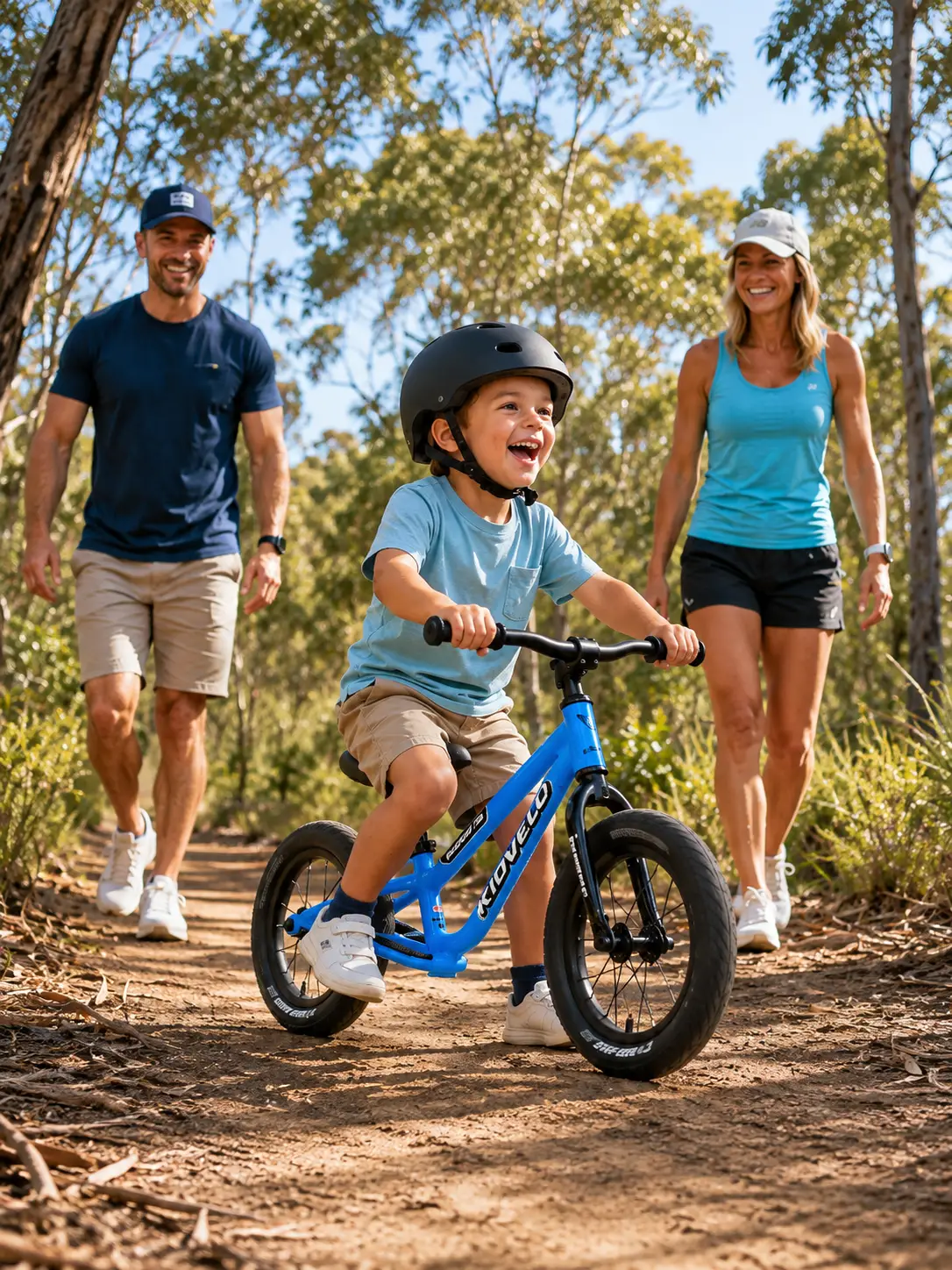Joyful Family Bike Ride Through Bushland Riding His Kidvelo Rookie 12 Balance Bike In Azure Blue