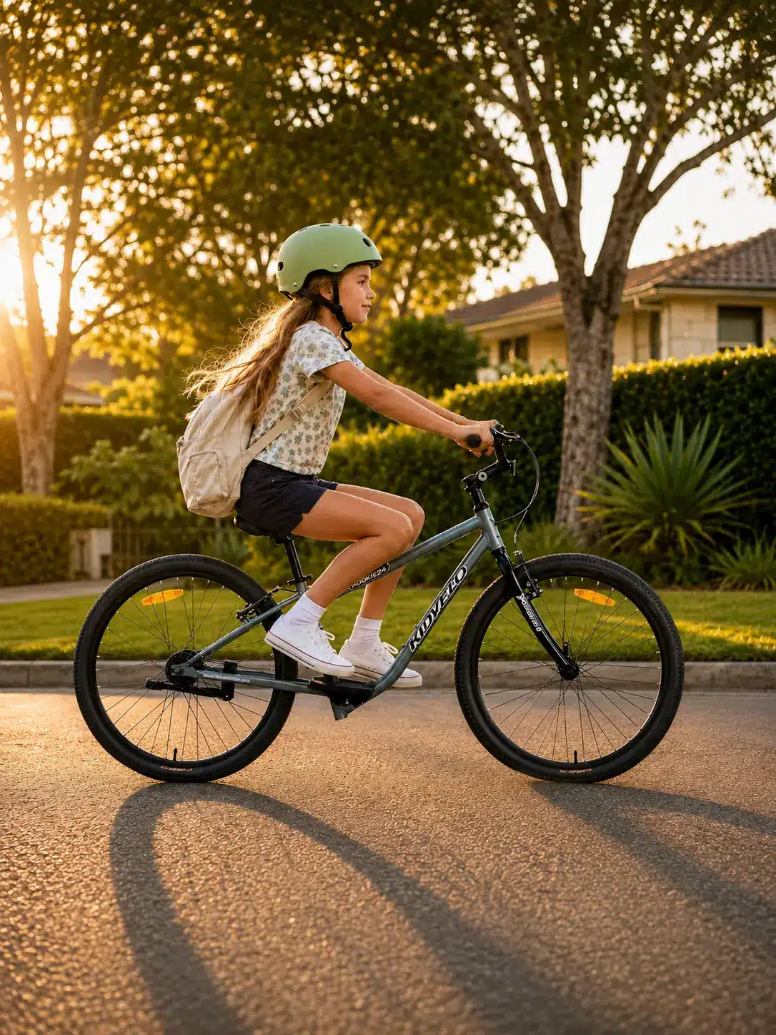 Kidvelo Rookie 24 Balance Bike Mode Lifestyle Image Girl Riding Down Street