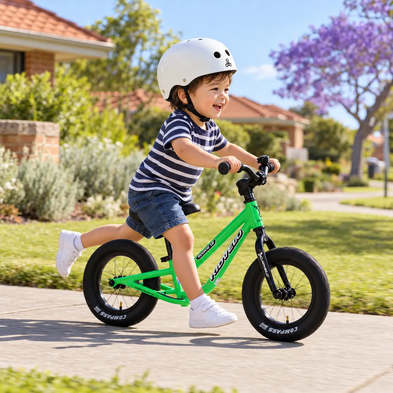Two-year-old boy wearing a white helmet and happily gliding on a green Kidvelo Rookie 12 toddler balance bike along an Australian suburban path.